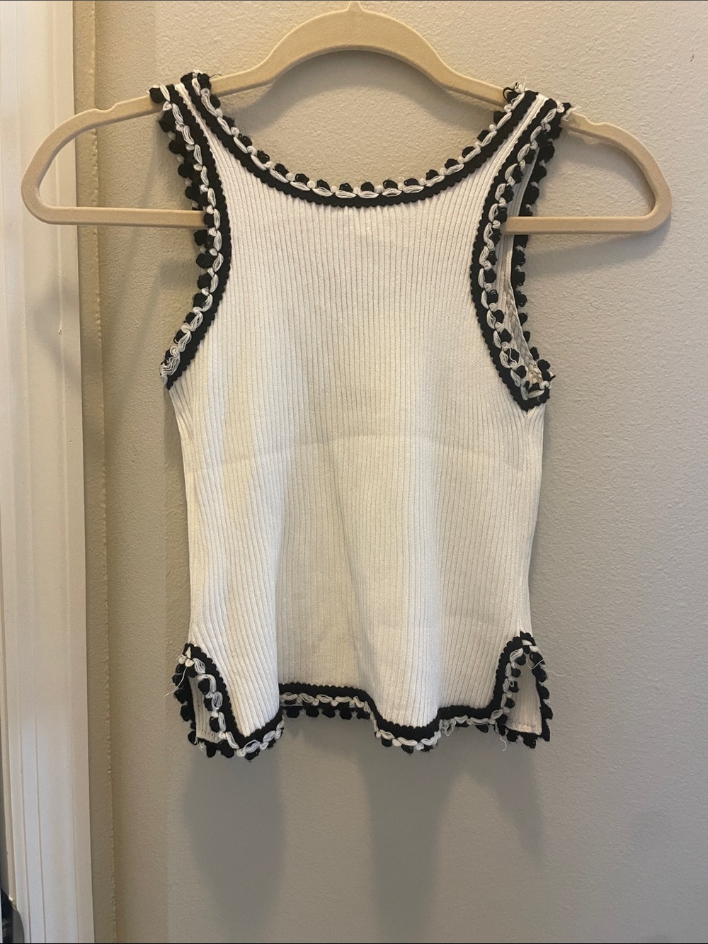 CHANEL White Ribbed Tank with Black Trim and CC Logo - Picture 2 of 2